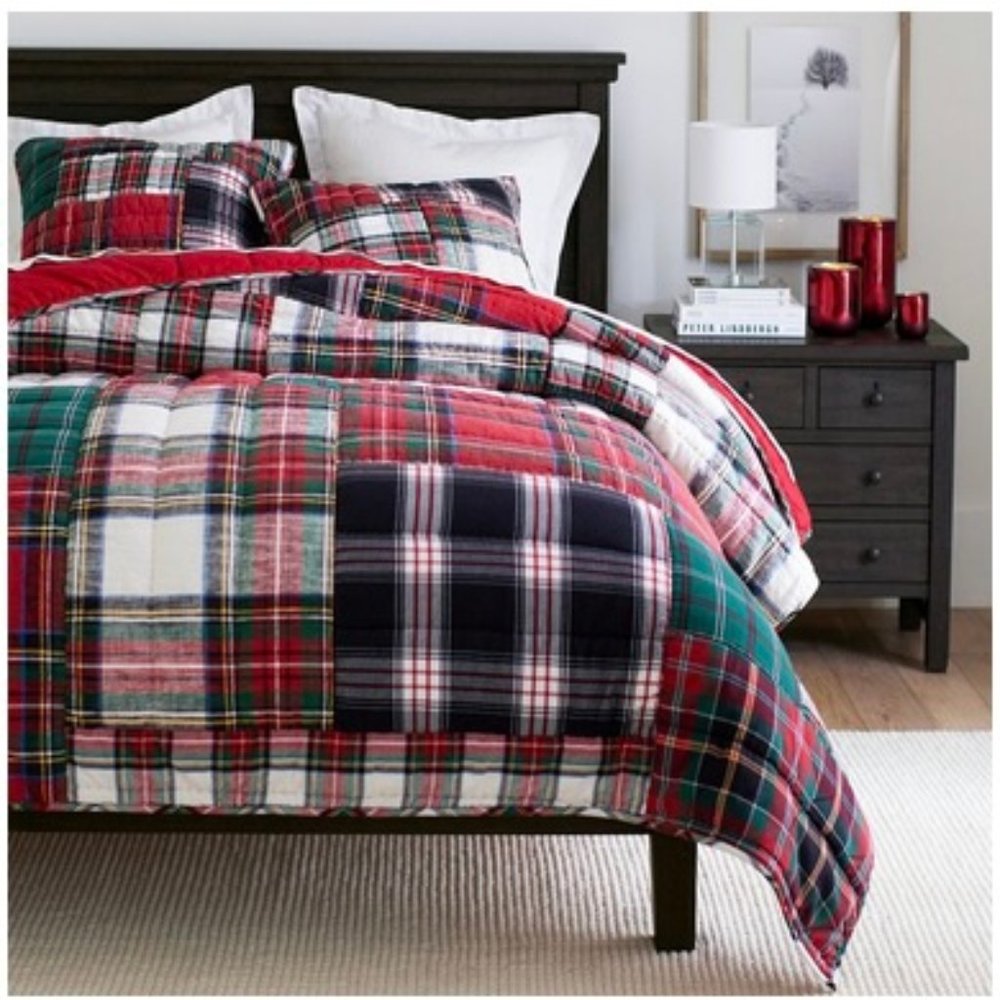 Pottery Barn Stewart Plaid Patchwork Applique Quilt, King/Cal. King